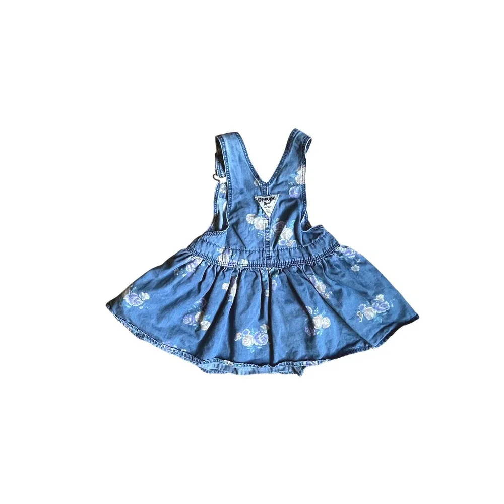 OshKosh Bgosh Girls 18M Blue Floral Denim Overall Dress Jumper Cotton